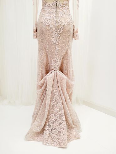 Luxurious Mermaid Engagement Formal Evening Dress | Blush Pink Beaded Long Sleeves Gown with Train