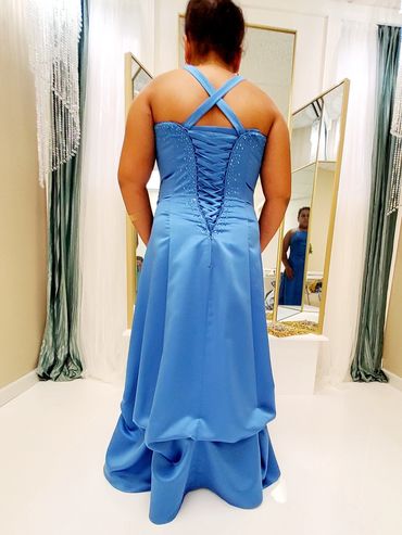 Flower Girl Blue Beaded Long Dress | A-Line Blue Satin Spaghetti Straps Cowl Neck Ruched Dress