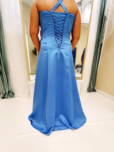 Flower Girl Blue Beaded Long Dress | A-Line Blue Satin Spaghetti Straps Cowl Neck Ruched Dress