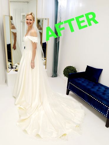 A-Line Off-The-Shoulder Lace Wedding Dress | Appliques Short Sleeve Bridal Gown | Luxury Long Train