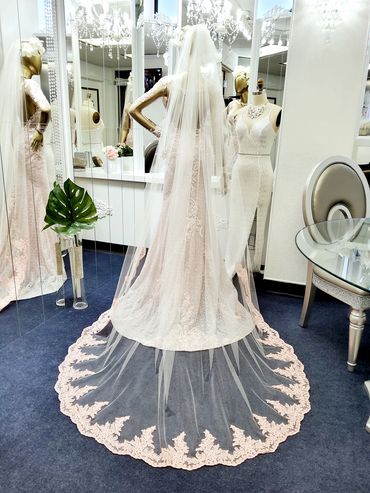 Handmade Blush Pink Lace Wedding Veil | Custom Bridal Veil | Cathedral Embroidered Lace Trim Veil.