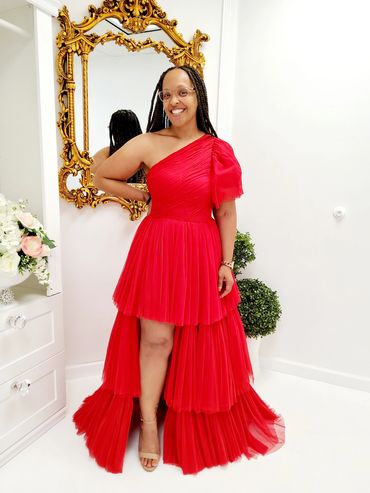 One-Shoulder Ruffle Mesh Long Red Dress | Red Mesh Short Sleeve High Split Gown with Train