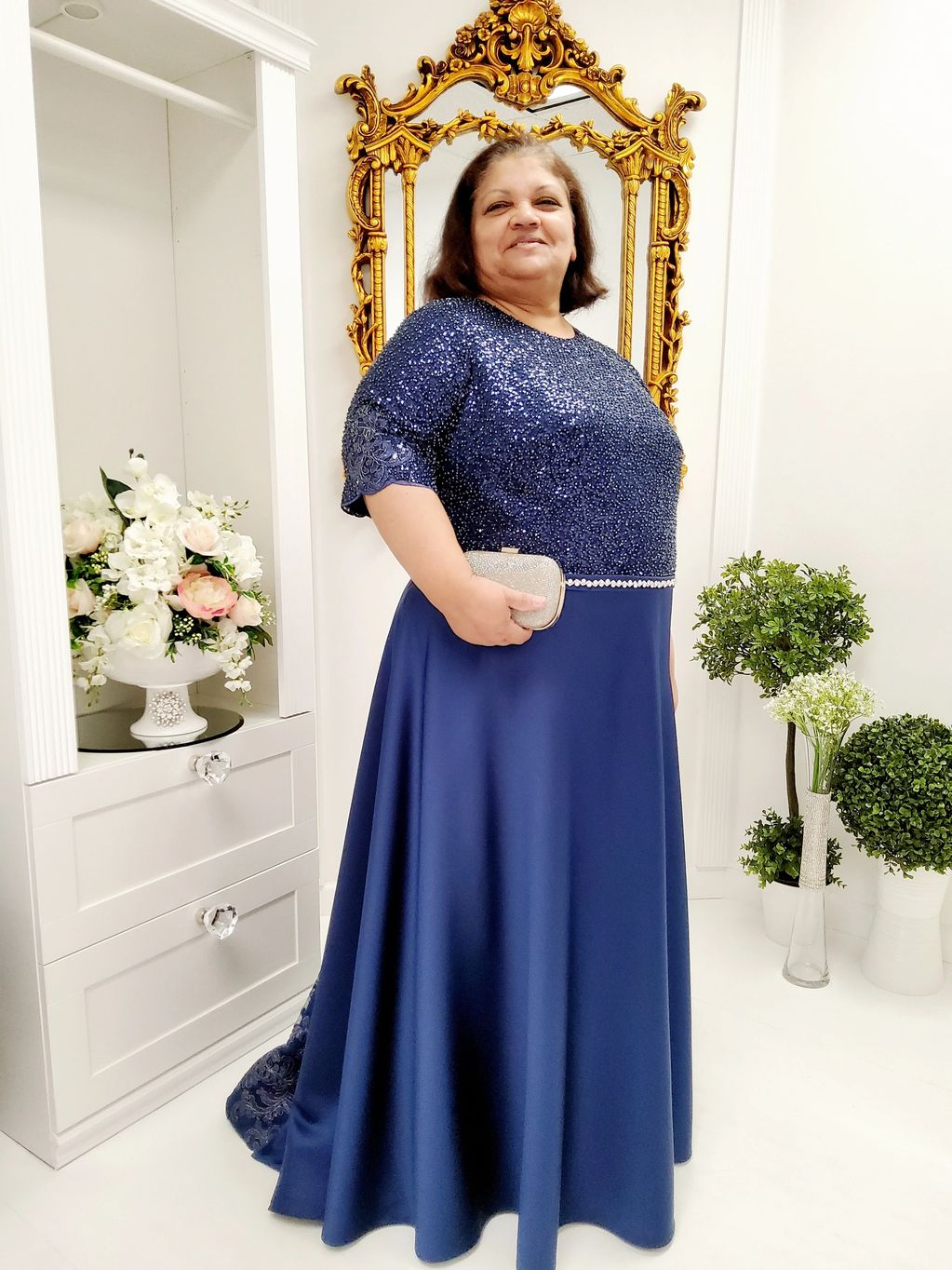 Mother-of-the-Groom Dress Beaded Navy Round Neck Short Sleeves A-Line Long Dress with Floral Train