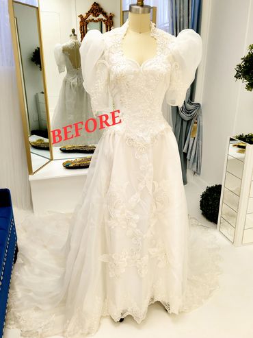 Vintage White Floral Lace Sleeves Short Wedding Dress | Restoration and redesign Vintage Bridal Gown