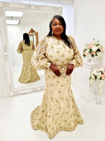 Luxury Gold Beaded Long Sleeves Mermaid Dress, Red Carpet Evening Gown, Gold Floral Lace MaxiDress