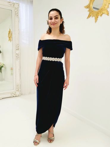 Elegant Navy Velvet Off-The-Shoulder Long Dress | Split Thigh Maxi Velvet Gown with Rhinestone Belt