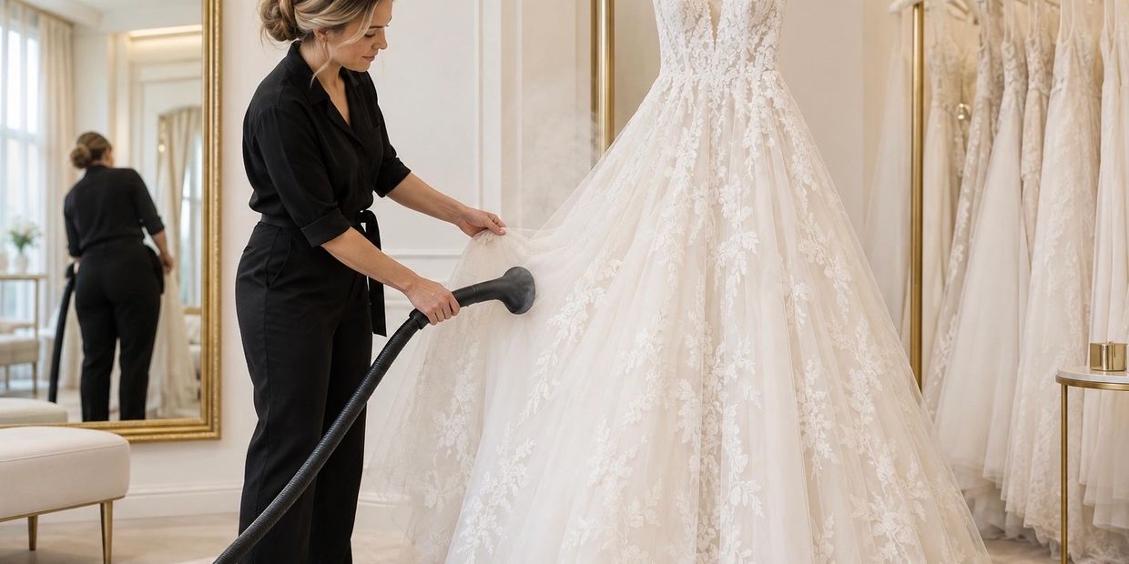 Professional bridal specialist steaming a lace wedding dress at Great Couture Fashion in Orlando, FL