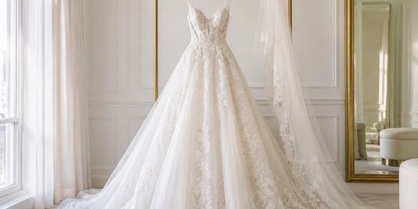Freshly steamed, wrinkle-free wedding dress and veil prepared for the wedding day in Orlando, FL