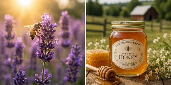 Bee collecting nectar on lavender with jar of raw honey beside honeycomb.