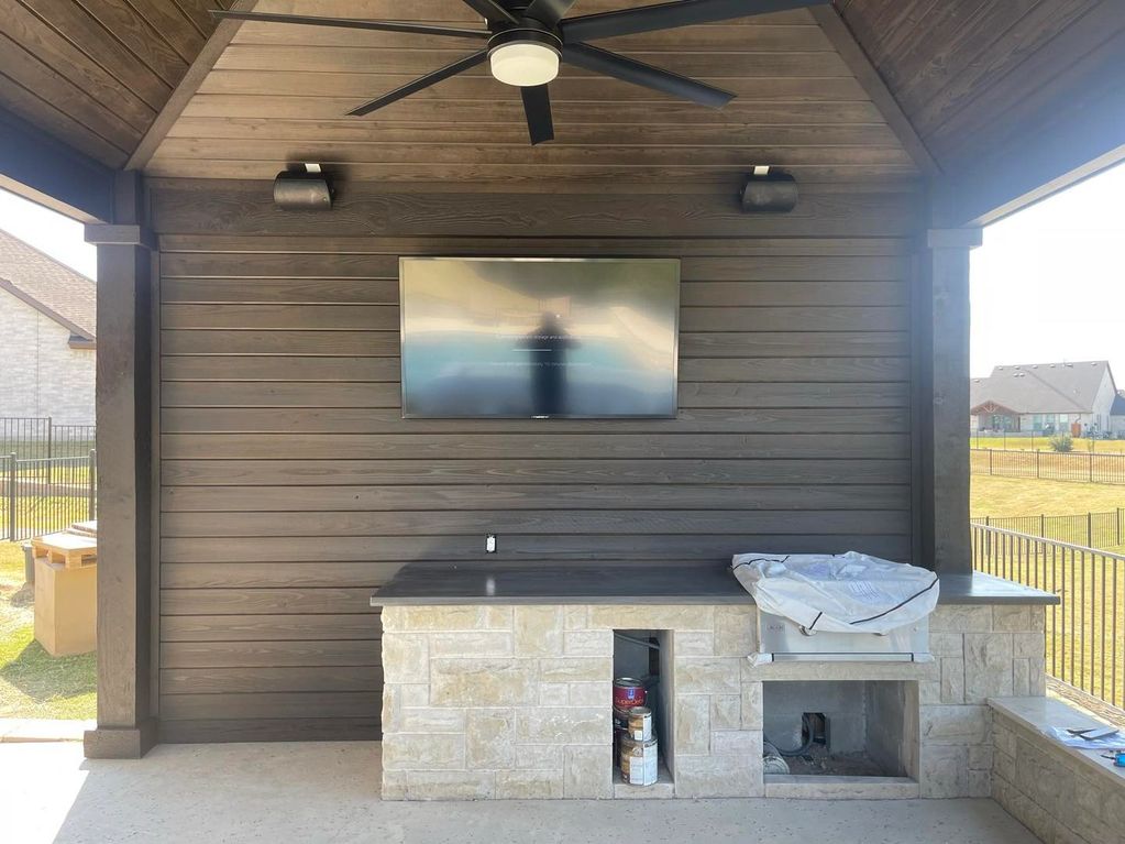 Outdoor Entertainment.
Simple Outdoor setup with two Klipsch all weather speakers powered and contro