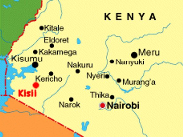 Map of Kenya highlighting Kisii and Nairobi.