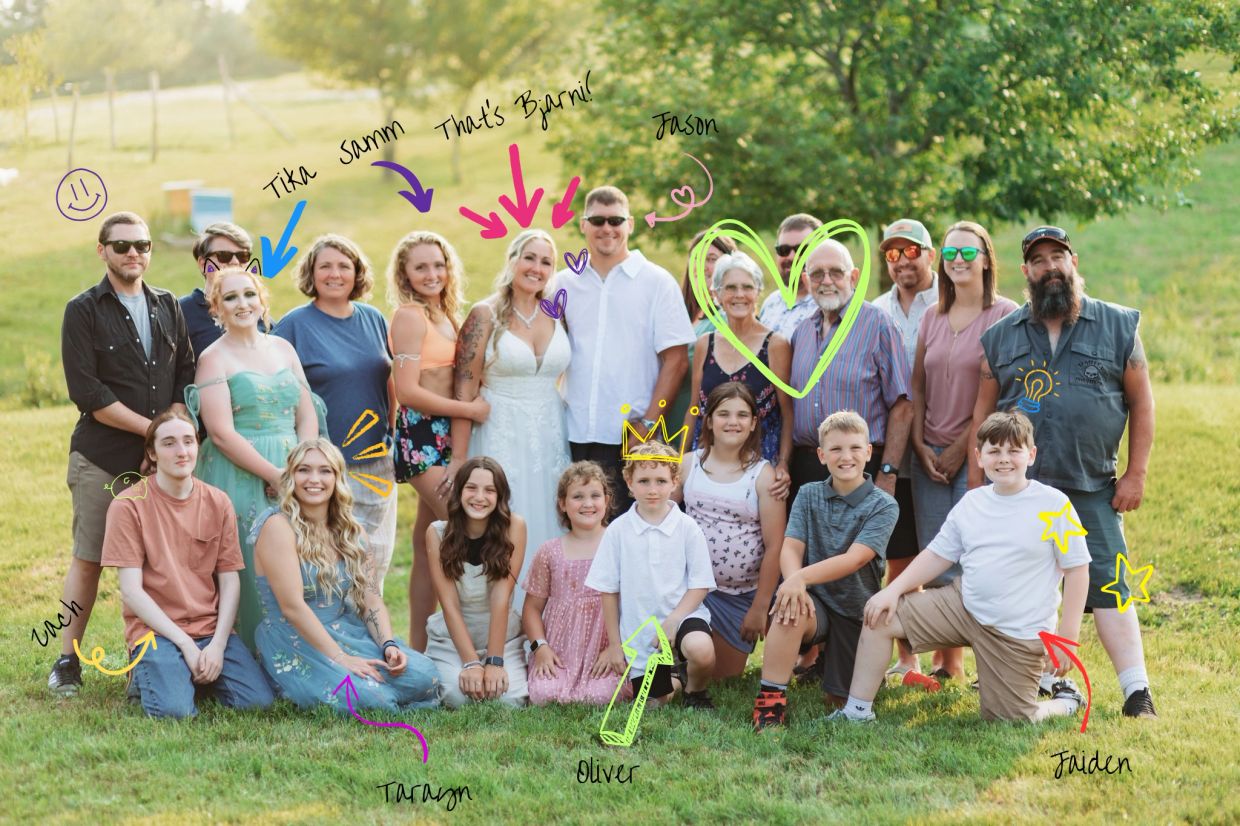A large family group photo outdoors with colorful handwritten names and doodles on and around them.
