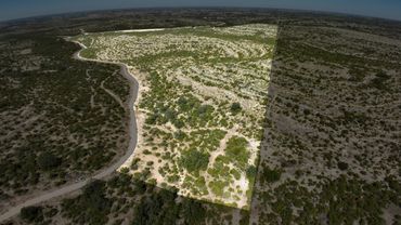 Aerial view of a desert landscape with a winding paved road and sparse vegetation.