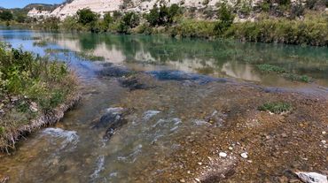 Clear river flowing beside a rocky hillside with green vegetation.