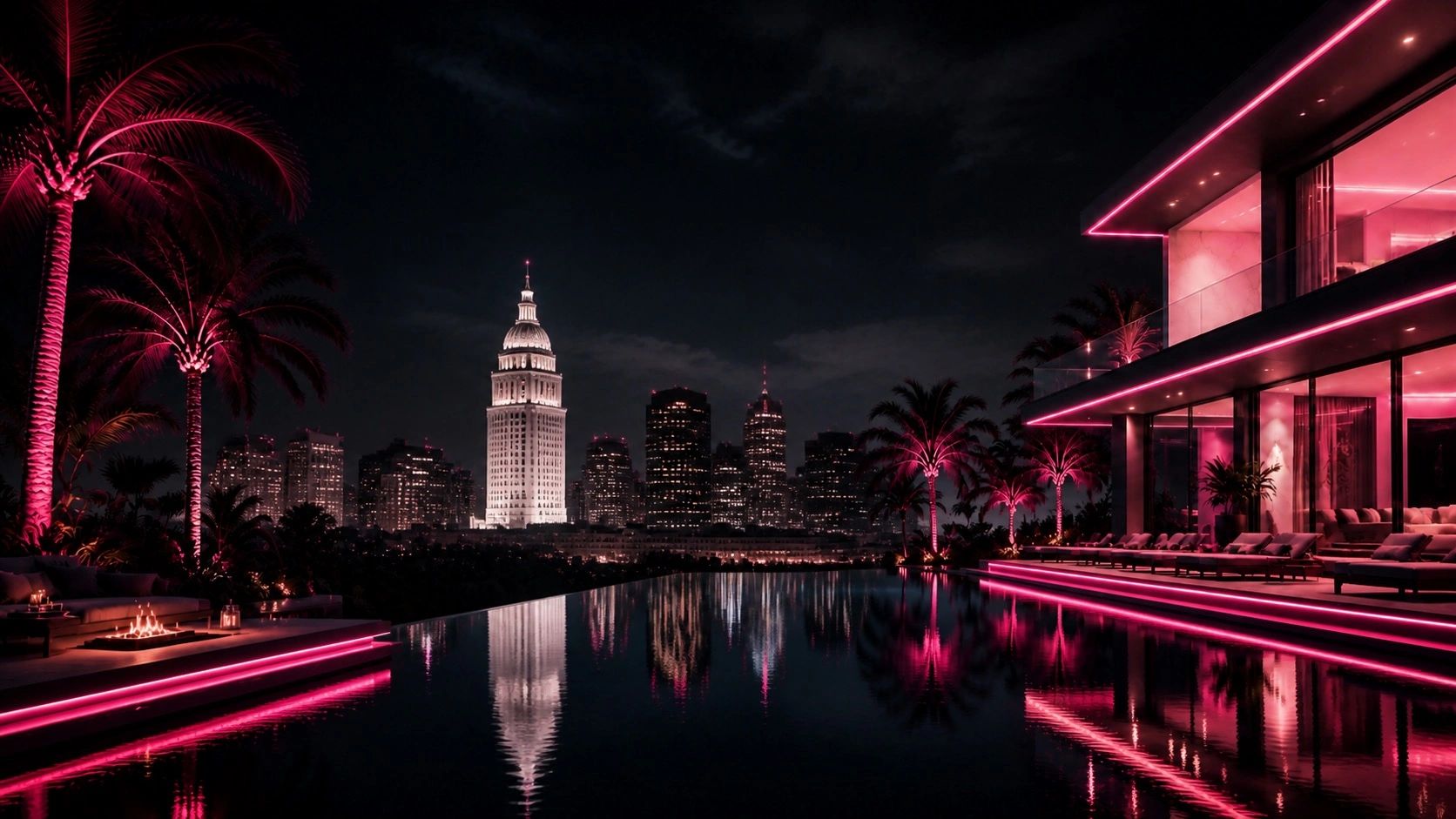 Luxurious modern mansion with neon pink lights and city skyline at night.