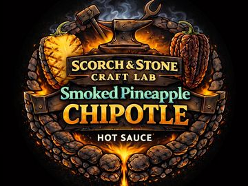 Smoky and spicy Smoked Pineapple Chipotle hot sauce label.