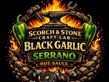 Fiery logo featuring black garlic and serrano peppers for hot sauce.