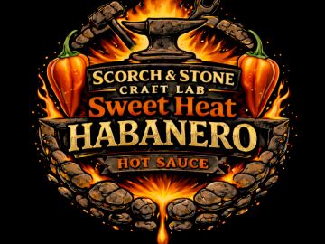 Logo for Scorch & Stone's Sweet Heat Habanero hot sauce with fiery design.