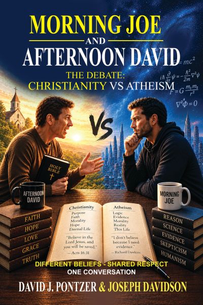 Two men debating Christianity vs Atheism with books and coffee mugs.