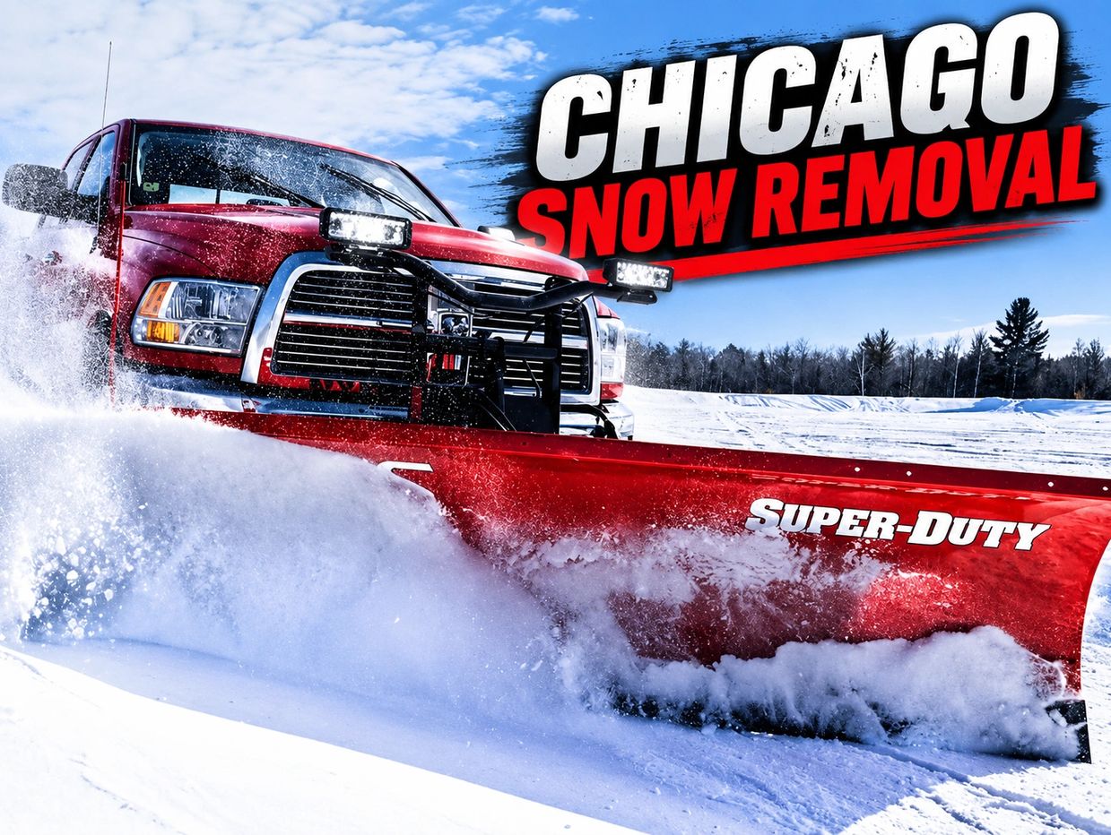 Red snow plow truck clearing snow with 'Chicago Snow Removal' text.