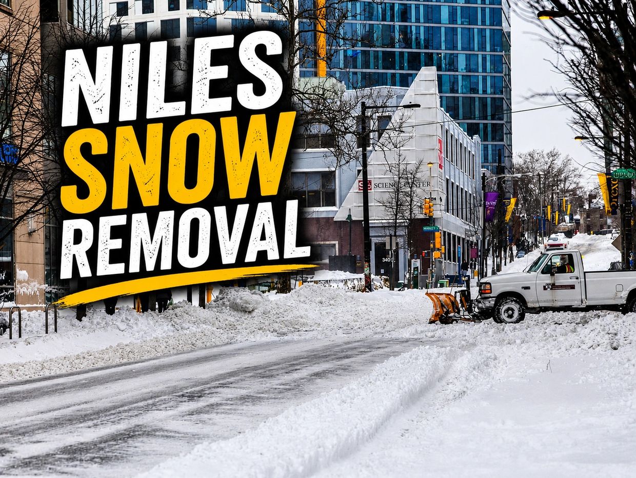 Snow removal truck clearing city street in Niles.