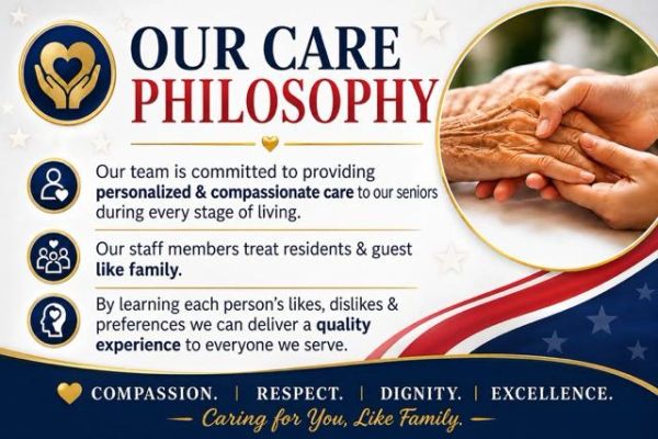 Care philosophy emphasizing personalized, compassionate service for seniors like family.