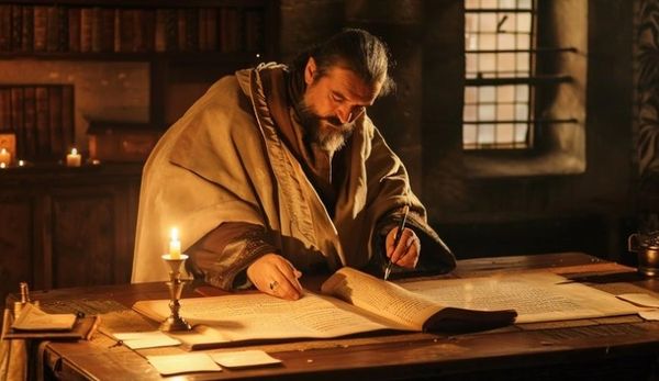 A man in historical attire writes by candlelight at a wooden desk.