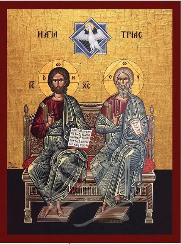 Iconic Christian depiction of the Holy Trinity with Jesus, God the Father, and the Holy Spirit dove.