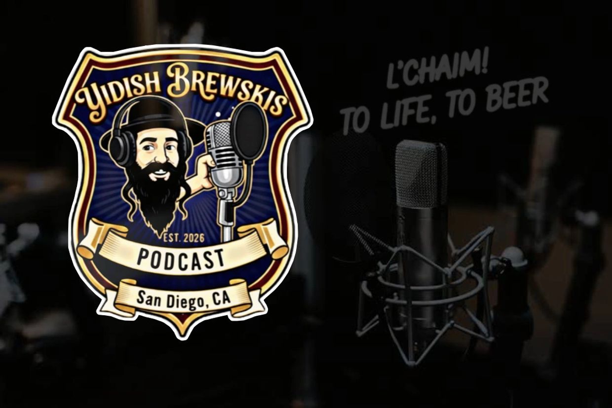Yidish Brewskis podcast logo with a microphone and slogan.