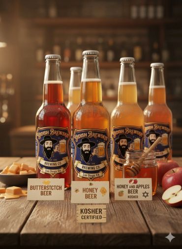 Variety of kosher certified beers from Yidish Brewski's with butterscotch, honey, and honey apple flavors.