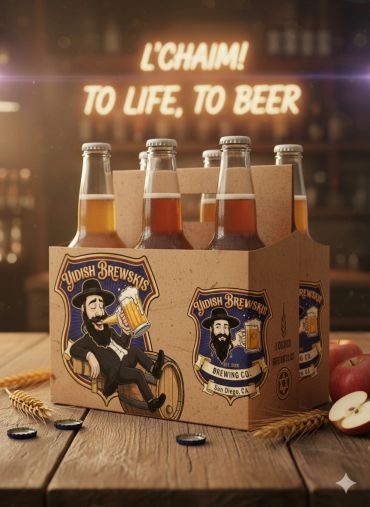 Six-pack of Yidish Brewskis beer with a cheerful label, set against a warm bar backdrop.