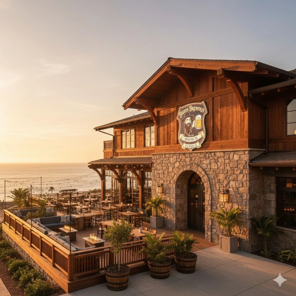 Cozy outdoor seating area of a rustic brewery by the ocean at sunset.