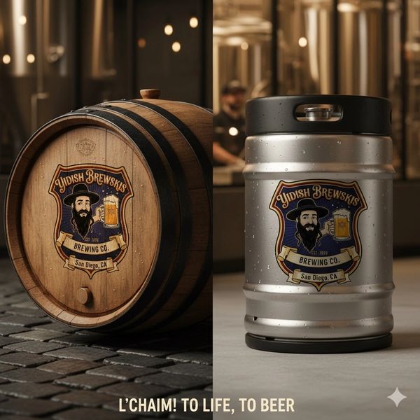 Wooden beer barrel and metal keg from Yidish Brewskis Brewing Co., San Diego.