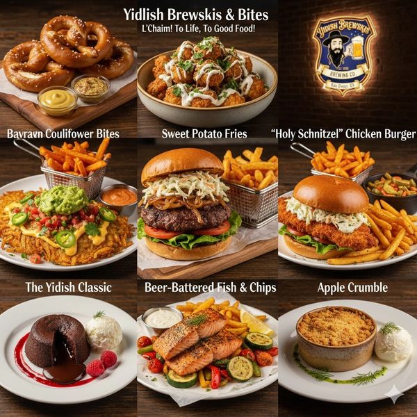 Menu collage featuring Yidlish Brewski's dishes with fries, burgers, and desserts.