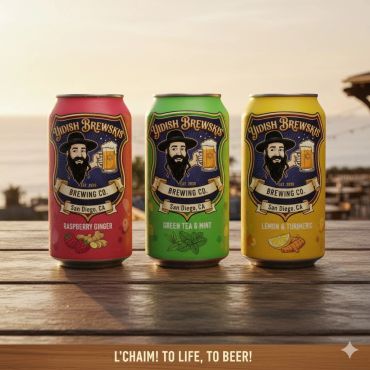 Three colorful Yidish Brewskis beer cans on a wooden table at sunset.