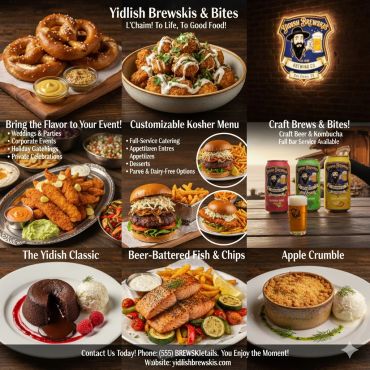 Yidlish Brewskis & Bites offers kosher catering, craft brews, and classic dishes like fish & chips and apple crumble.