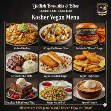 Kosher vegan menu with nine delicious plant-based dishes from Yiddish Brewskis & Bites.