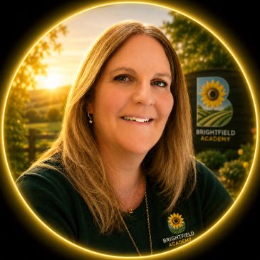 Portrait of a woman with Brightfield Academy logo.