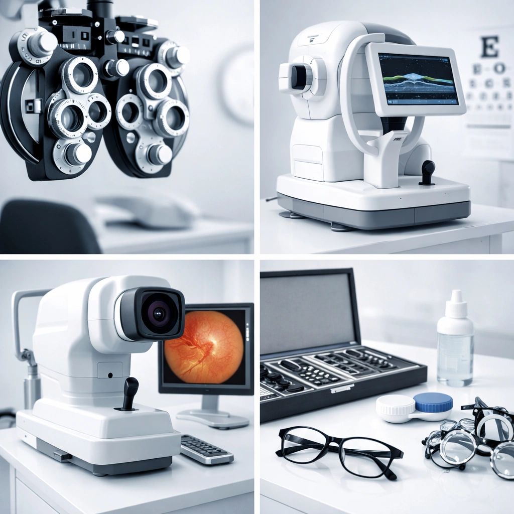 Various optical instruments and eyeglasses in a modern eye clinic setting.