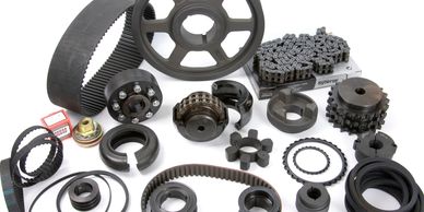 A selection of power transmission products including belts, pulleys, taper lock bushes, couplings and chain