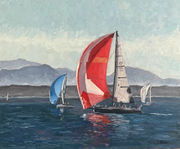 Sailboats racing on a calm sea under a partly cloudy sky.