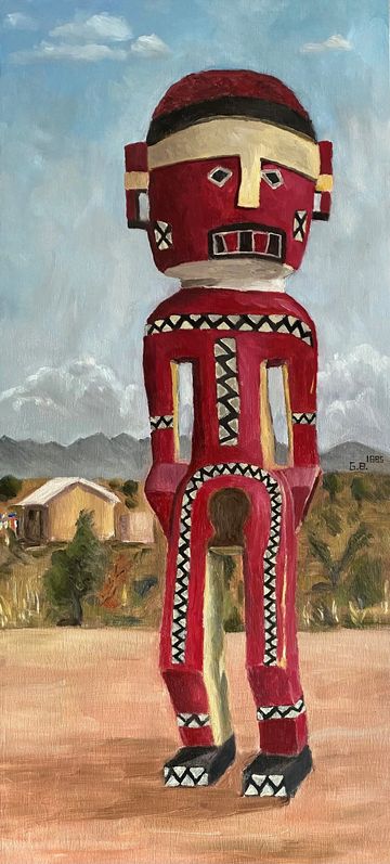 Painting of a red and black tribal figure against a natural landscape.