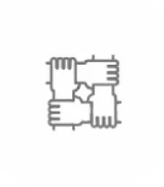 Black and white graphic outline of 4 hands connected in a square by grabbing each others' wrist.