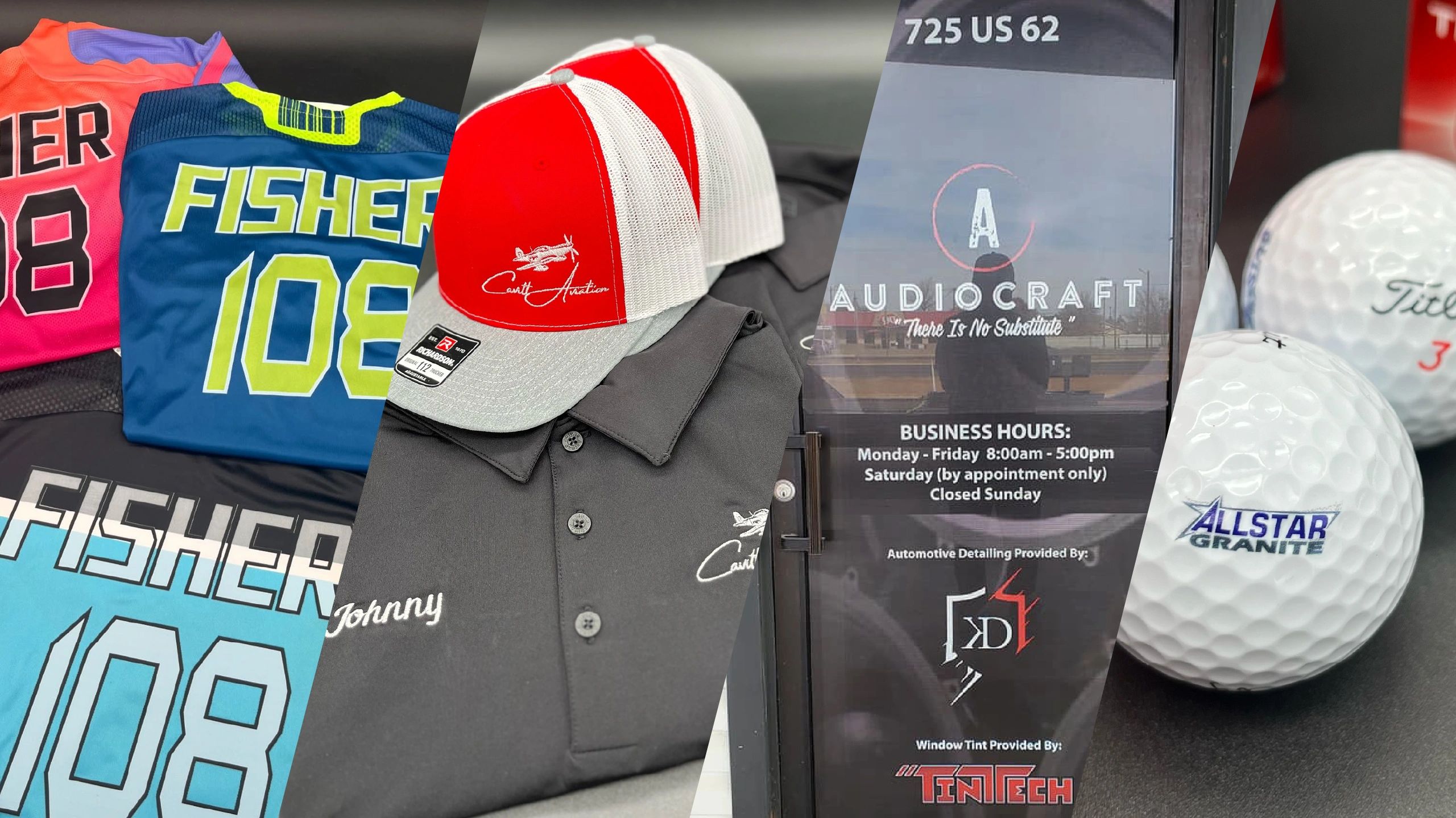 Custom sports jerseys, branded caps, business hours, and golf balls with logos.