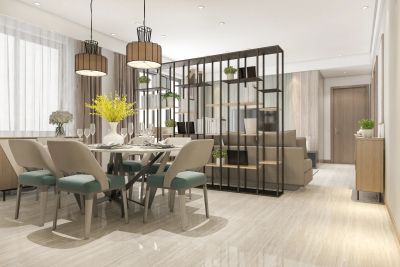 Modern dining and living area with sleek furniture.