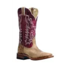 A two-tone cowboy boot with intricate stitching.
