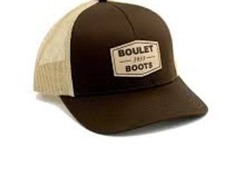 Brown and beige trucker hat with Boulet Boots logo.