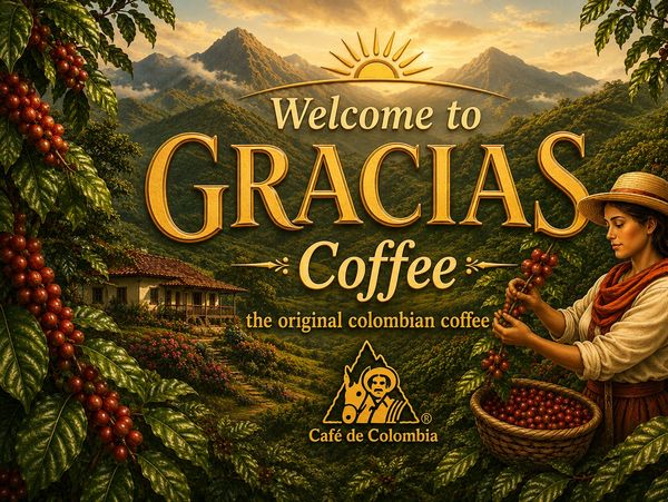 Welcome to Gracias Coffee, showcasing original Colombian coffee with a traditional coffee picker.