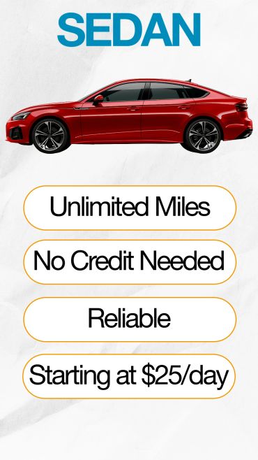 Red sedan car rental with unlimited miles, no credit needed, $25/day.