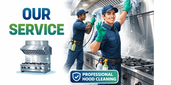 Two professionals cleaning a kitchen hood, highlighting expert hood cleaning service.